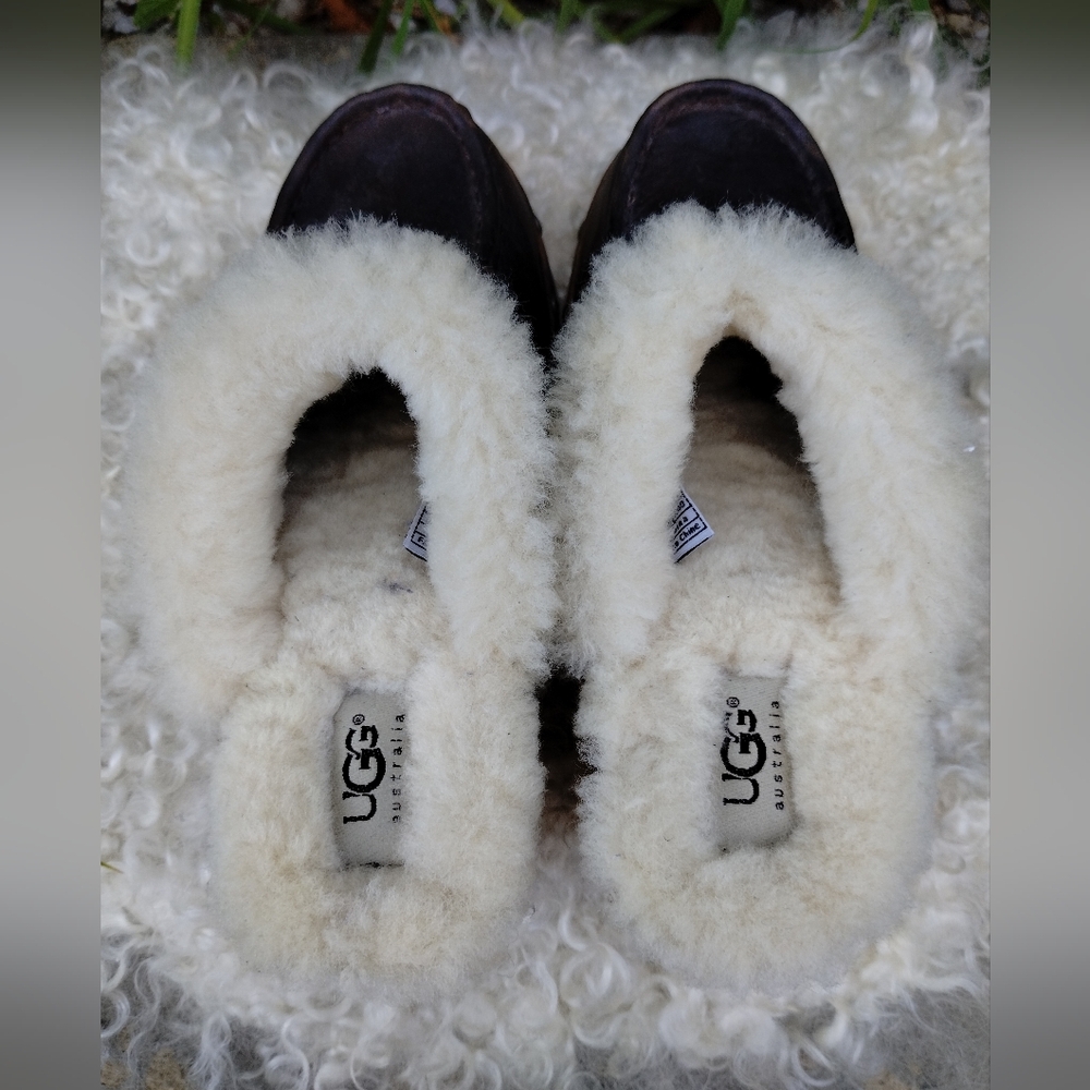 Ugg Kalie Genuine Black Leather Sheepskin Lined Wooden Clogs 7 - Picture 8 of 11